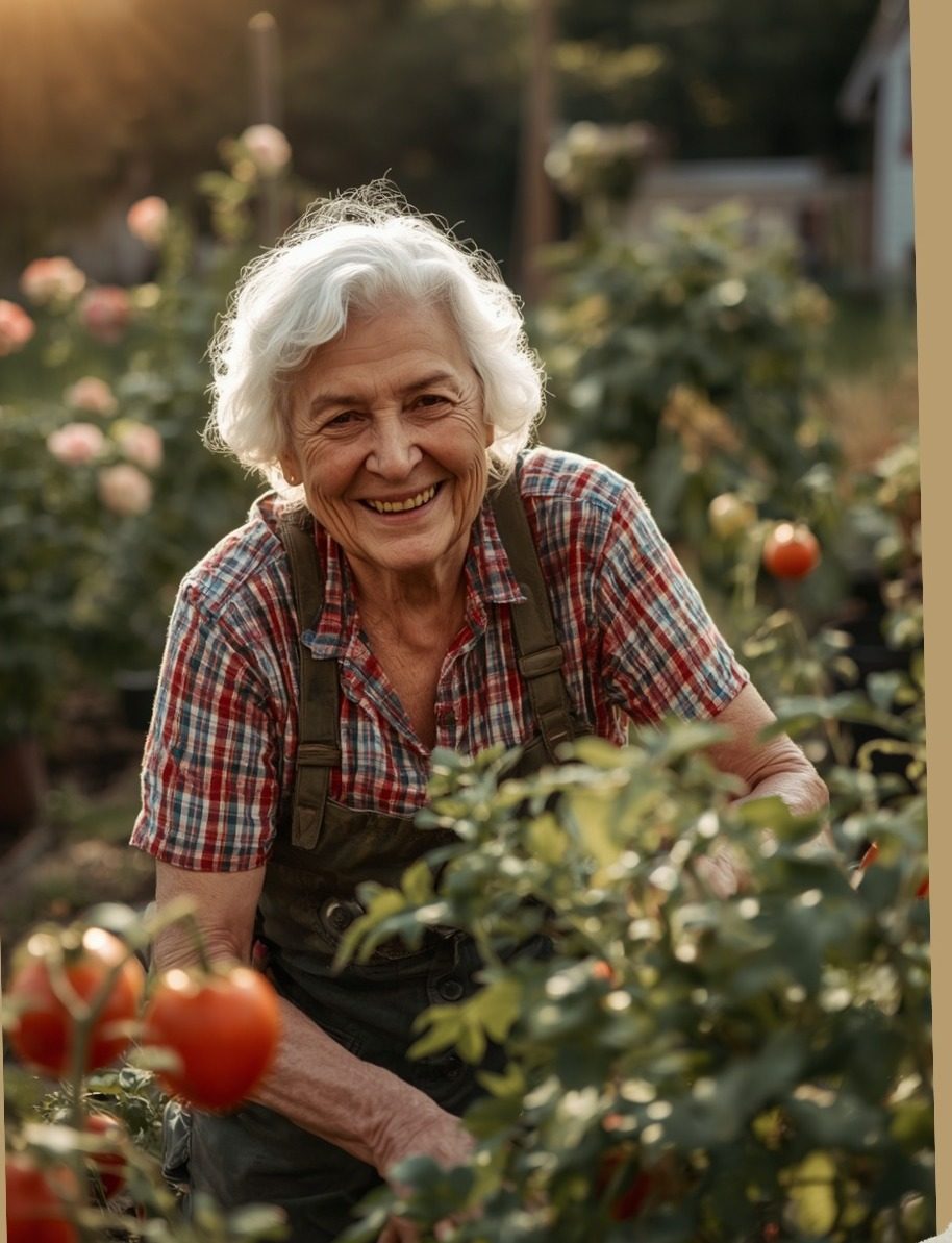 A white-haired woman grinning among her tomato plants in the garden